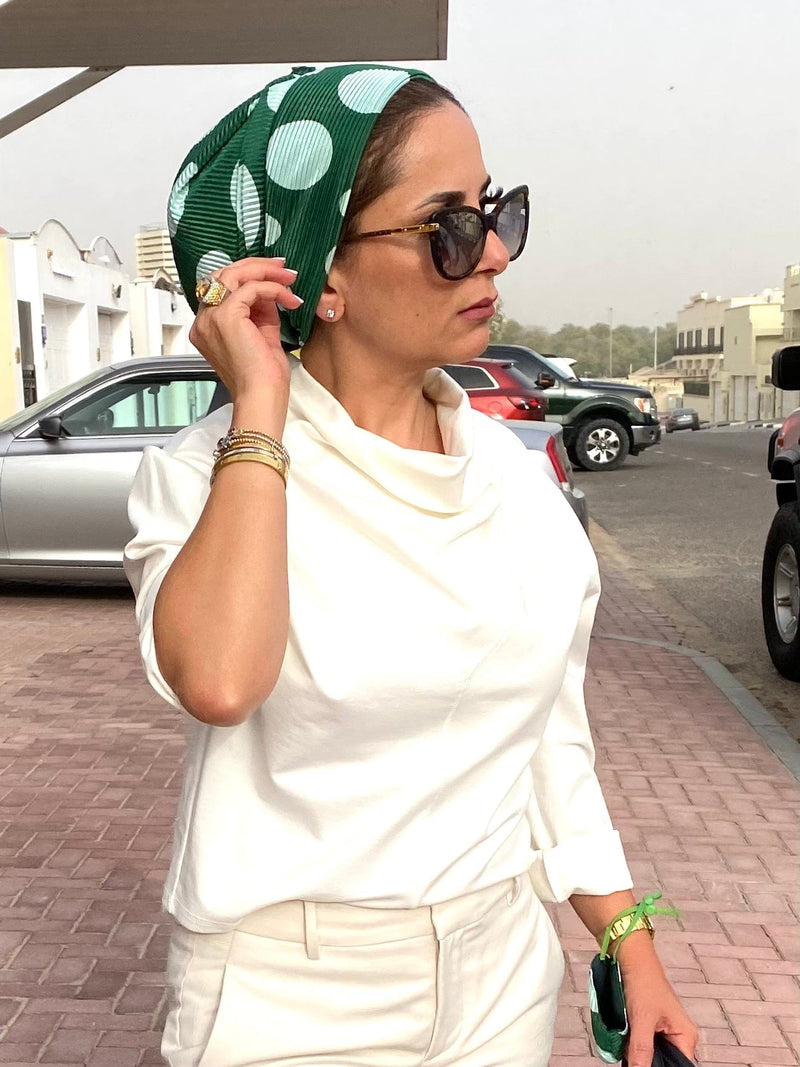 TurbansStuff Beanie Beanie - Green Dots (Designer Mask Included) Handmade Luxury Fashion Women Headwrap