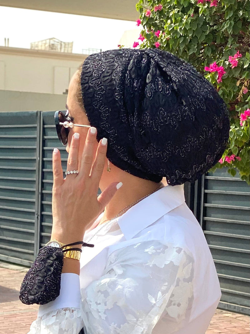 TurbansStuff Beanie Beanie Knit - Black Silver (Designer Mask Included) Handmade Luxury Fashion Women Headwrap