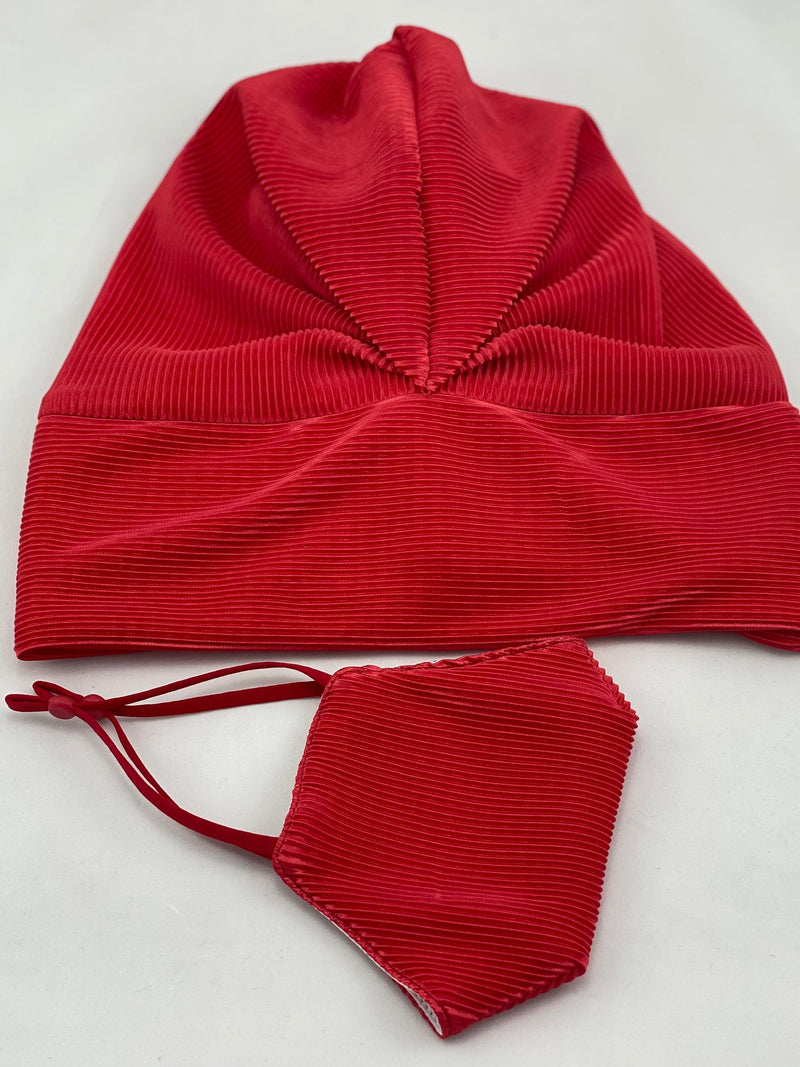 TurbansStuff Beanie Beanie Pleated - Red (Designer Mask Included) Handmade Luxury Fashion Women Headwrap