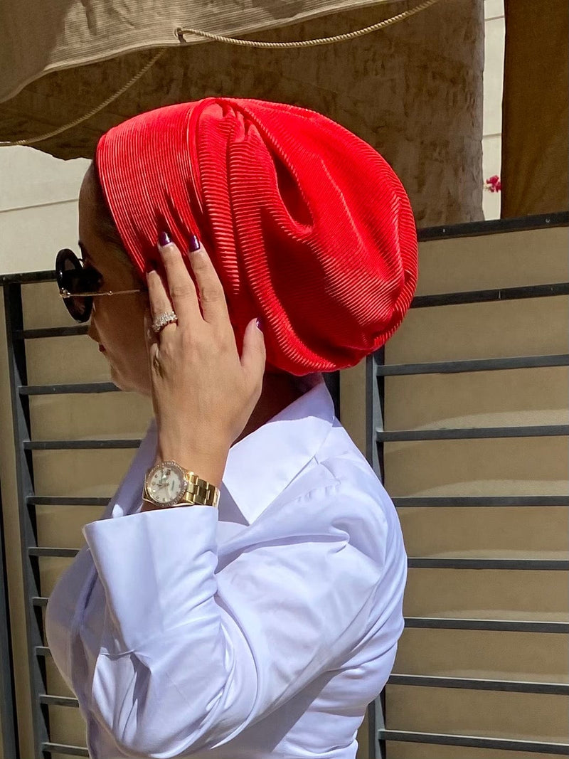 TurbansStuff Beanie Beanie Pleated - Red (Designer Mask Included) Handmade Luxury Fashion Women Headwrap