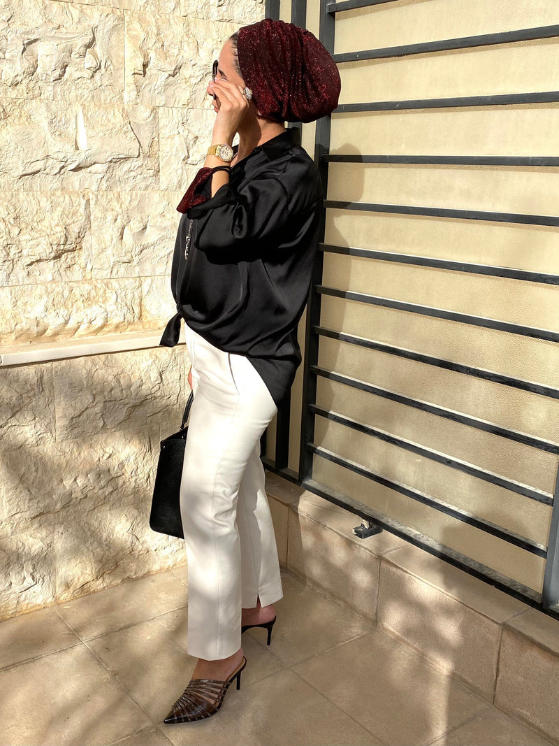 TurbansStuff Beanie Beanie Shimmer Cross Front (Designer Mask Included)- Burgundy Handmade Luxury Fashion Women Headwrap