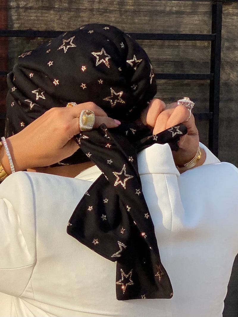 TurbansStuff Beanie Beanie Wrap - Black Chiffon with stars (Designer Mask Included) Handmade Luxury Fashion Women Headwrap
