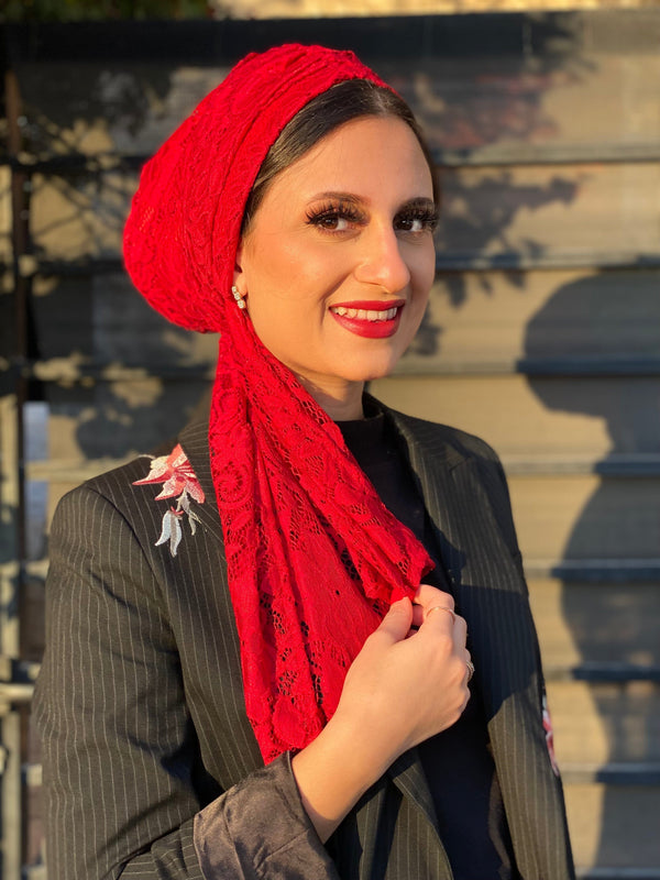 TurbansStuff Beanie Beanie Wrap Lace - Red (Designer Mask Included) Handmade Luxury Fashion Women Headwrap