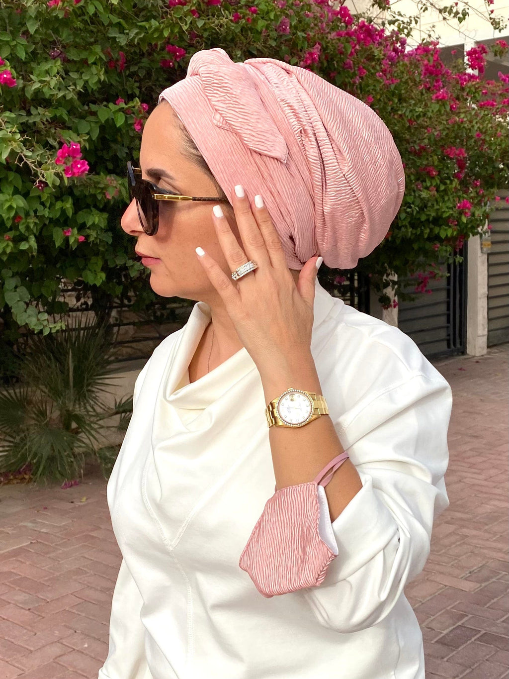 Rose Pink and Cream Textured Damask Headwrap Turban Damask Turban main image 4