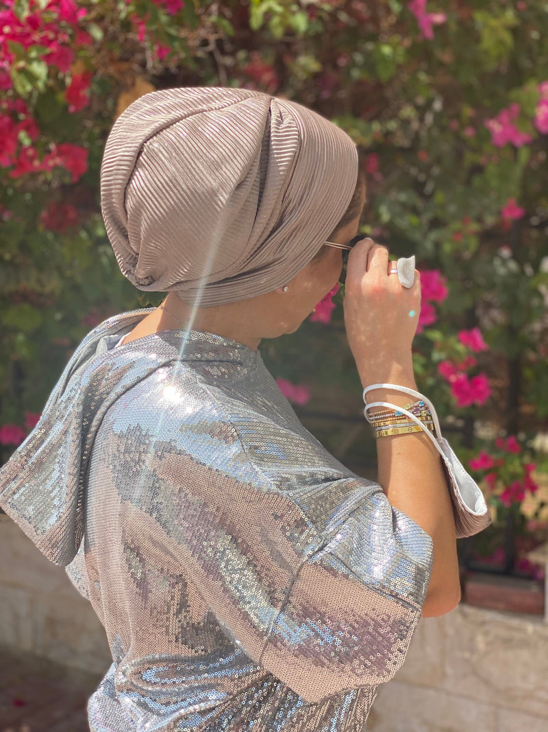TurbansStuff Beanie Metallic Beanie - Khaki Shimmer (Designer Mask Included) Handmade Luxury Fashion Women Headwrap