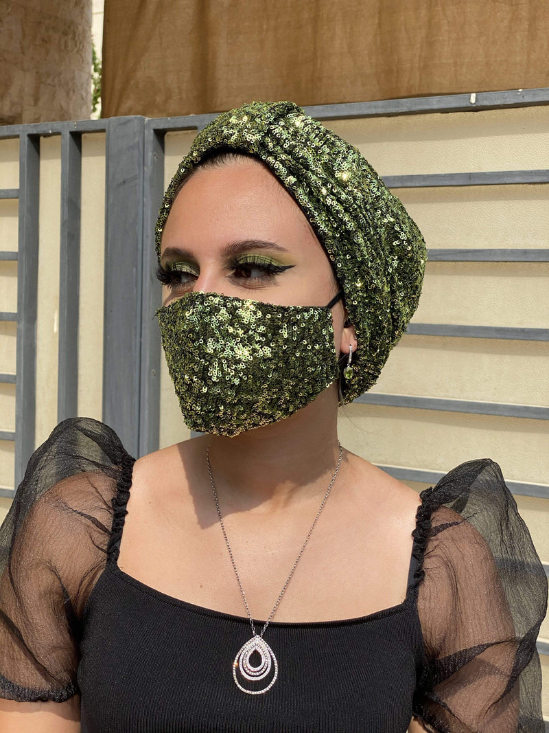 Hijabsandstuff Specials Turban Basic Sequin Combo - Greens Handmade Luxury Fashion Women Headwrap