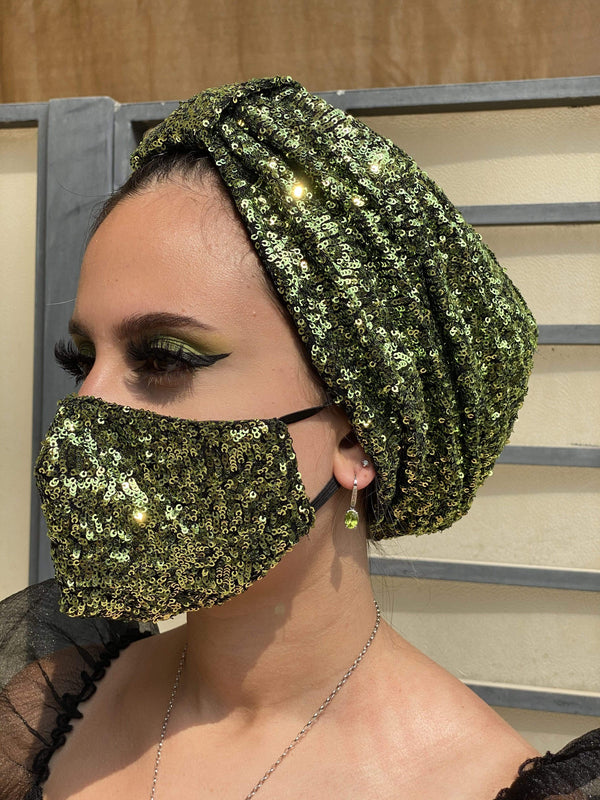 Hijabsandstuff Specials Turban Basic Sequin Combo - Greens Handmade Luxury Fashion Women Headwrap