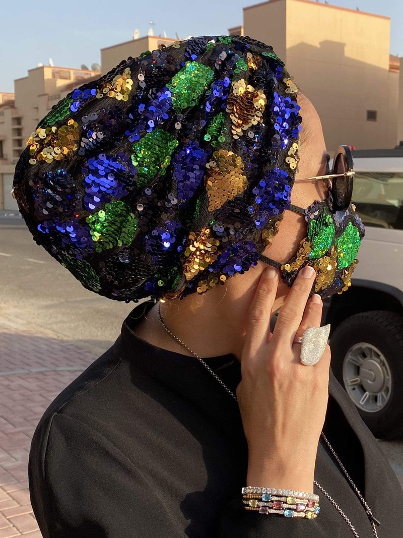 Hijabsandstuff Specials Turban Basic Sequin - New Disco Blue Green Handmade Luxury Fashion Women Headwrap