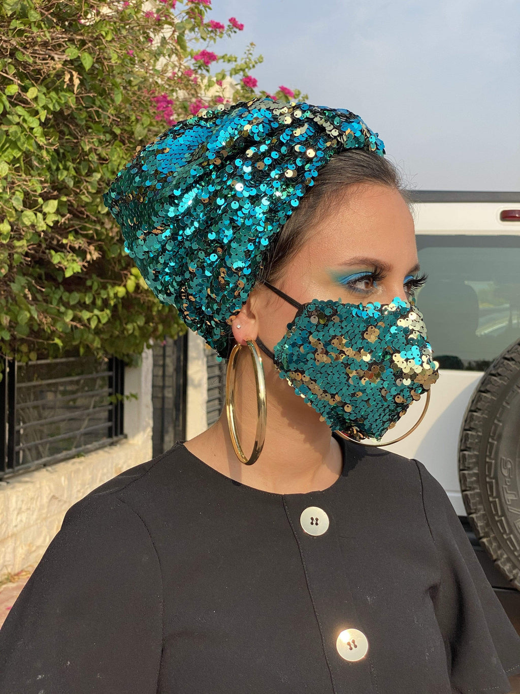Turban Sequin (Designer Mask Included) - Turquoise Set – Turbansstuff