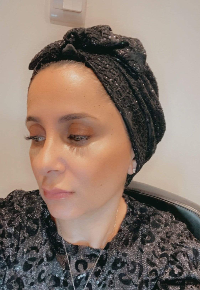 Hijabsandstuff Specials Turban Shimmer Bow - Black Handmade Luxury Fashion Women Headwrap