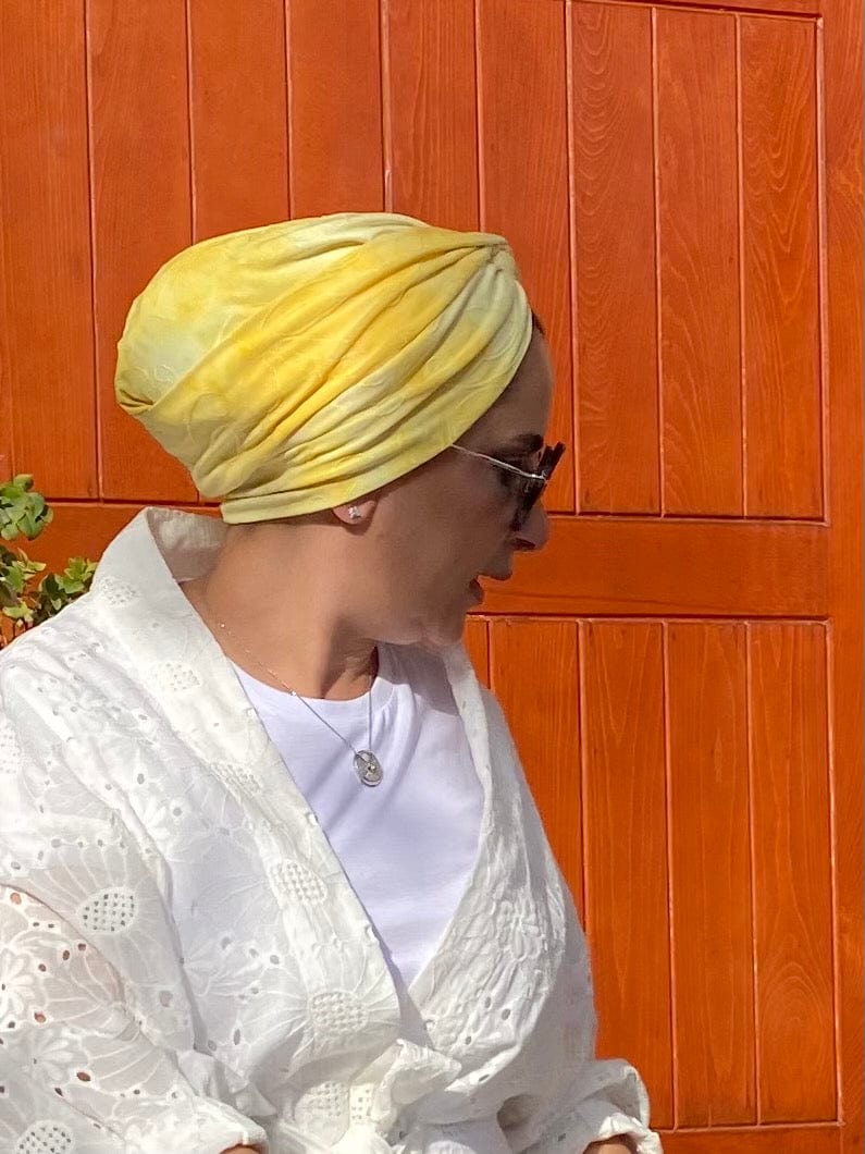 Hijabsandstuff Turban Cross front Jersey Turban  - Yellow Tie Dye Handmade Luxury Fashion Women Headwrap