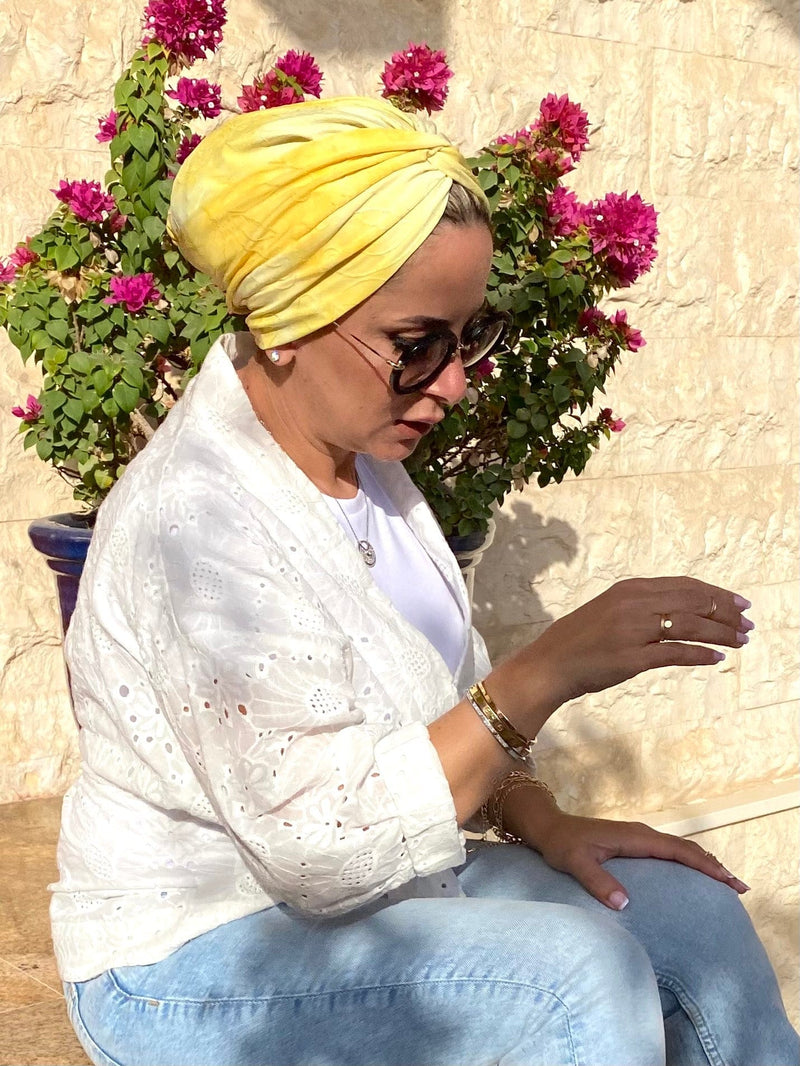 Hijabsandstuff Turban Cross front Jersey Turban  - Yellow Tie Dye Handmade Luxury Fashion Women Headwrap