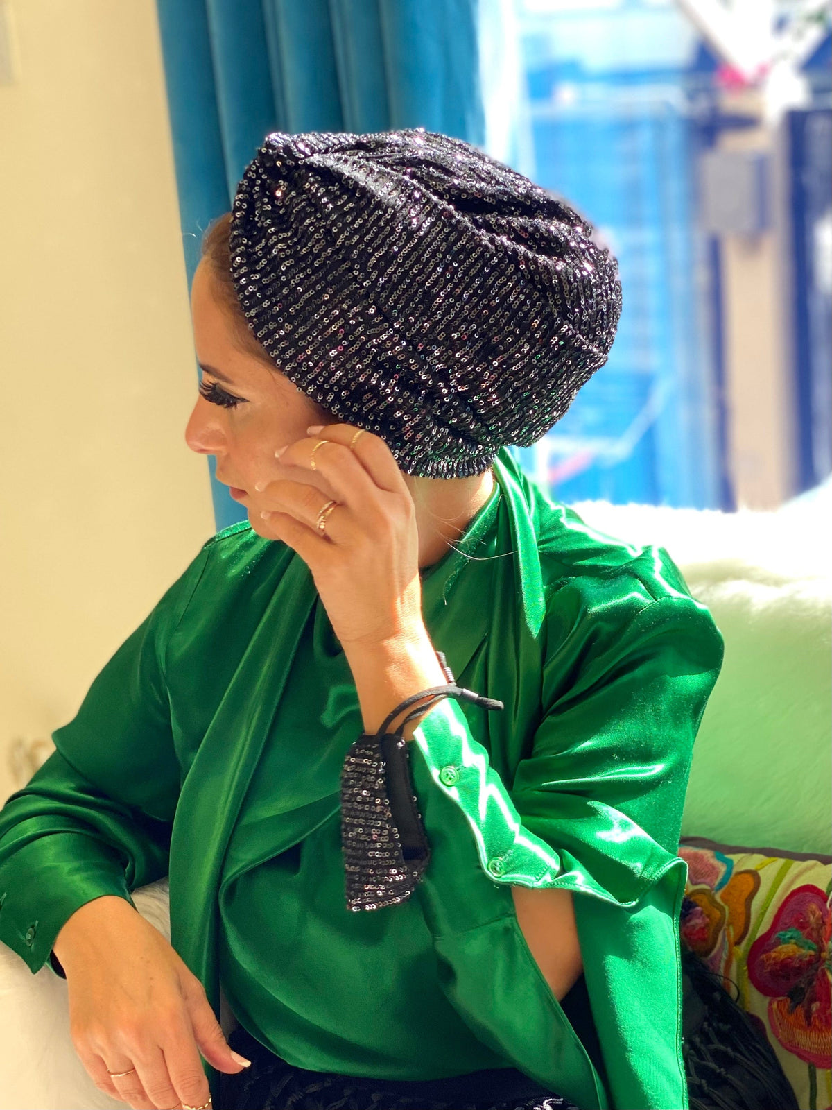 Green Sequin Headwrap Turban with Floral Accent
GEL8 0526 DSC_7320.jpg?v=1700175015&  main image 4