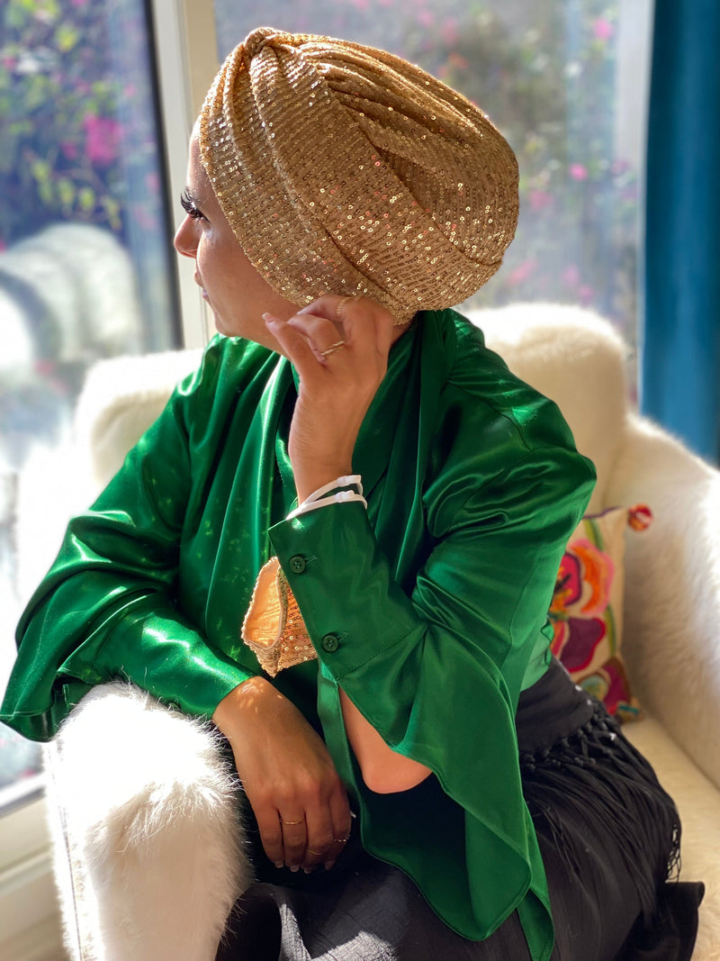 Hijabsandstuff Turban Cross front Turban Sequins - Light Gold (Designer Mask Included) Handmade Luxury Fashion Women Headwrap
