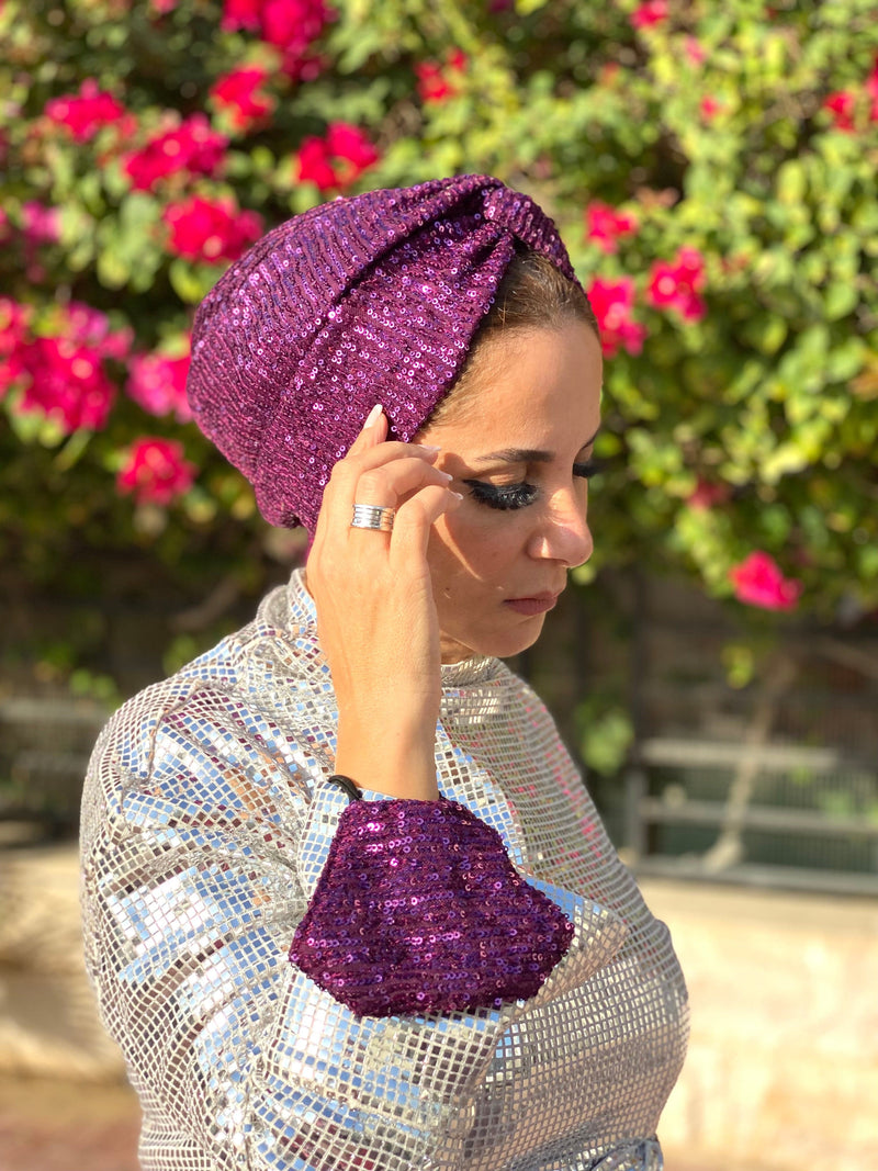 Hijabsandstuff Turban Cross front Turban Sequins - Lilac (Designer Mask Included) Handmade Luxury Fashion Women Headwrap