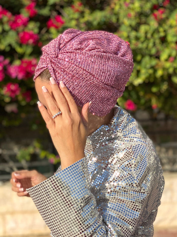 Hijabsandstuff Turban Cross front Turban Sequins - Pink (Designer Mask Included) Handmade Luxury Fashion Women Headwrap