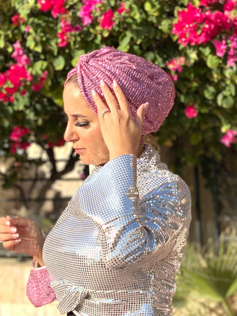 Hijabsandstuff Turban Cross front Turban Sequins - Pink (Designer Mask Included) Handmade Luxury Fashion Women Headwrap