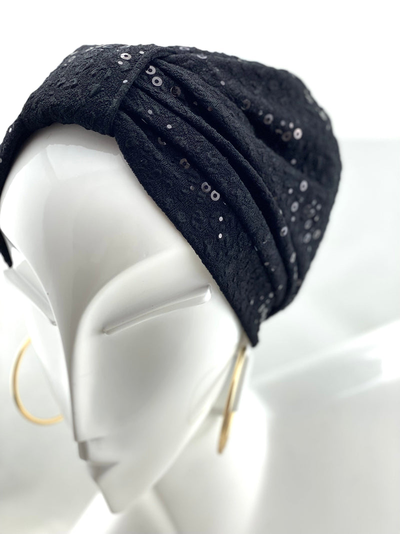 Hijabsandstuff Turban Turban Jersey - Black sequins Printed (Designer Mask Included) Handmade Luxury Fashion Women Headwrap