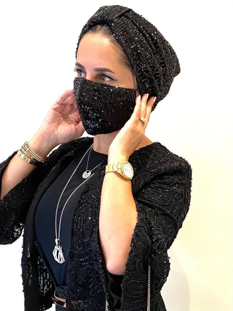 Hijabsandstuff Turban Turban Sequin - Black (Designer Mask Included) Handmade Luxury Fashion Women Headwrap