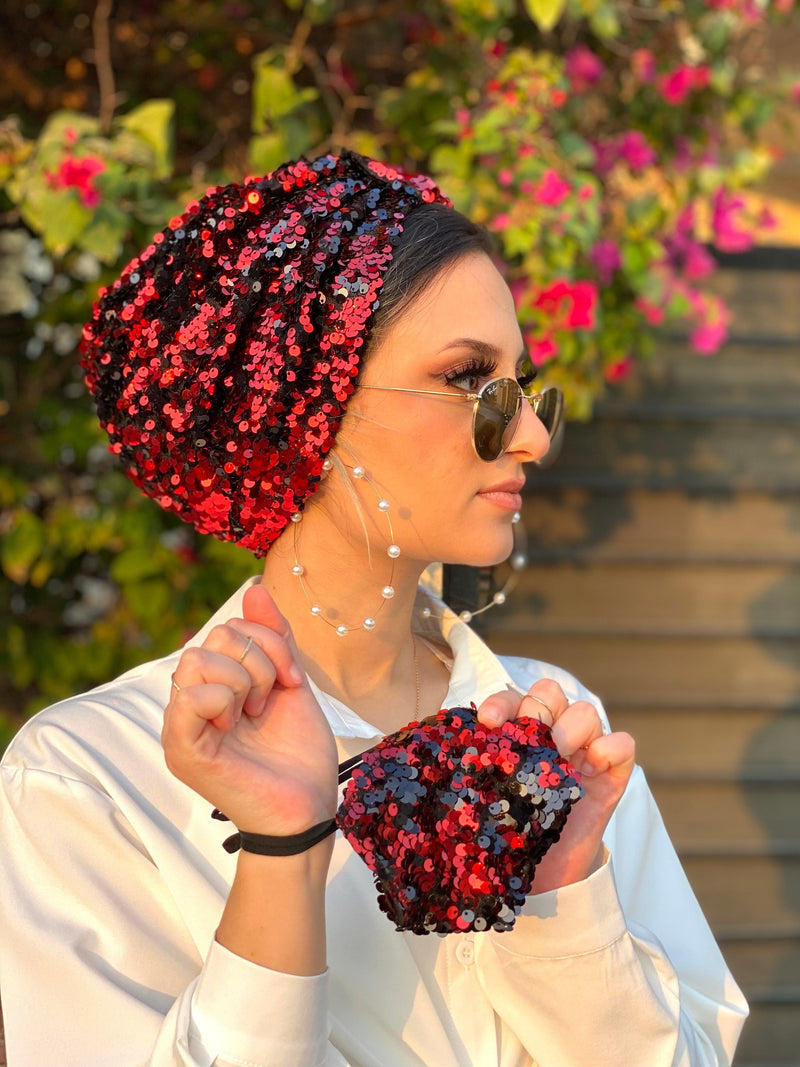 Hijabsandstuff Turban Turban Sequin - Valentine (Red) (Designer Mask Included) Handmade Luxury Fashion Women Headwrap