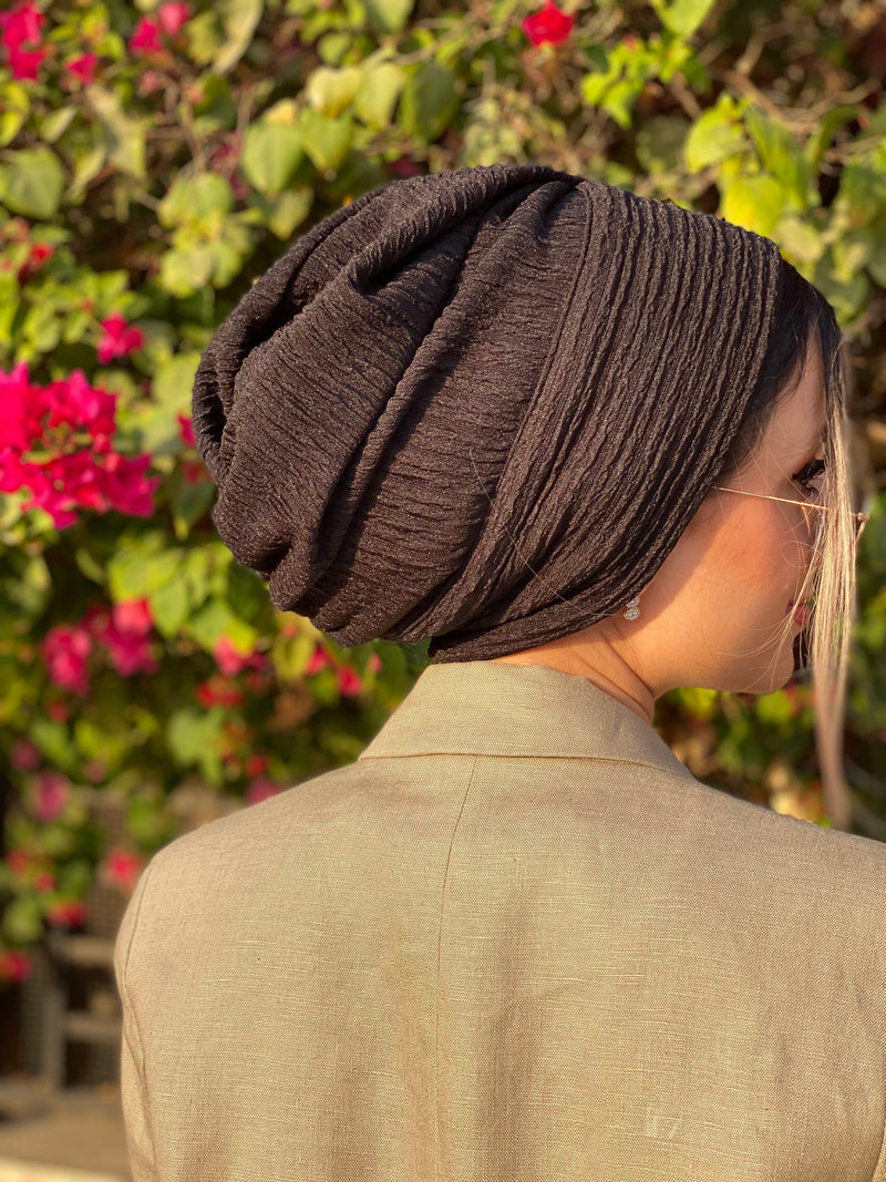 TurbansStuff Beanie Beanie - Black Rippled Handmade Luxury Fashion Women Headwrap