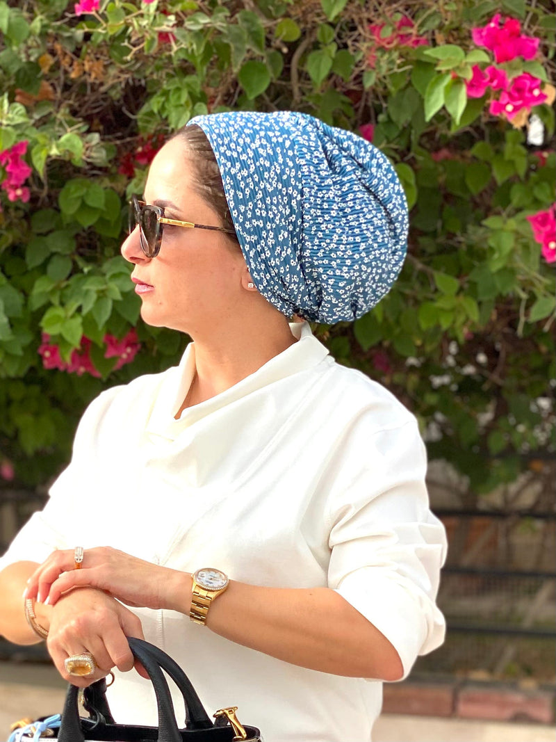 TurbansStuff Beanie Beanie - Blue Floral (Designer Mask Included) Handmade Luxury Fashion Women Headwrap