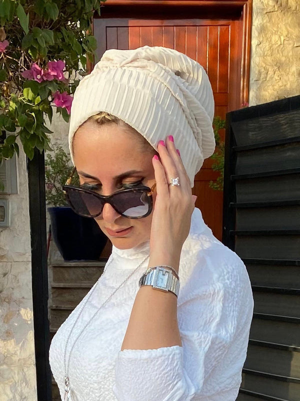 TurbansStuff Beanie Beanie Chiffon Pleated - Beige Handmade Luxury Fashion Women Headwrap
