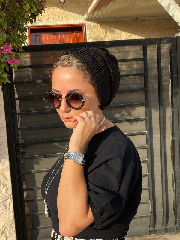 TurbansStuff Beanie Beanie Chiffon Stripes - Black Handmade Luxury Fashion Women Headwrap