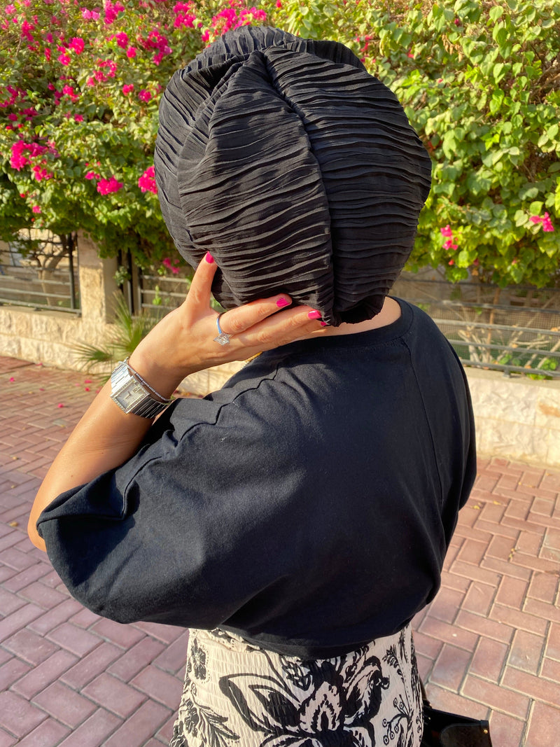 TurbansStuff Beanie Beanie Chiffon Stripes - Black Handmade Luxury Fashion Women Headwrap
