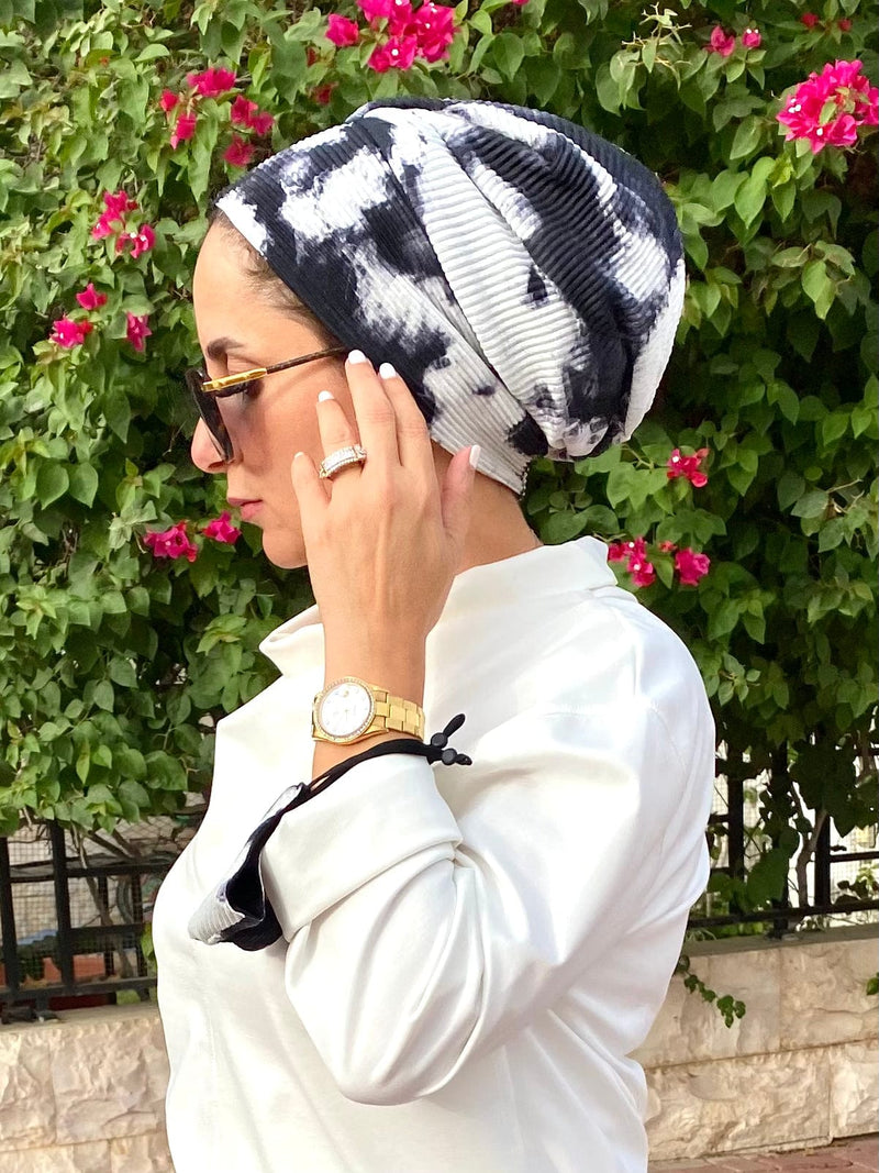 TurbansStuff Beanie Beanie - Faded Black White (Designer Mask Included) Handmade Luxury Fashion Women Headwrap