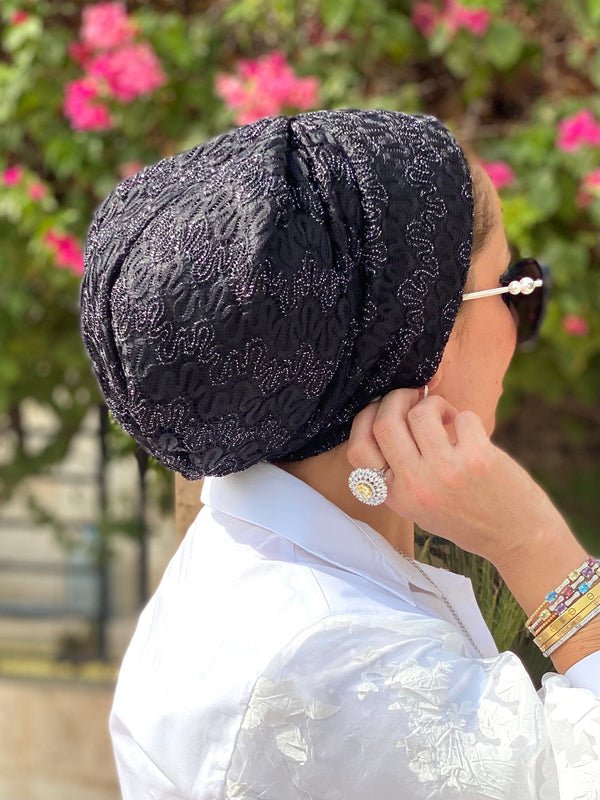 TurbansStuff Beanie Beanie Knit - Black Silver (Designer Mask Included) Handmade Luxury Fashion Women Headwrap