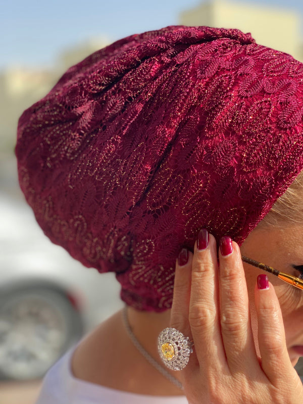 TurbansStuff Beanie Beanie Knit - Burgundy Gold (Designer Mask Included) Handmade Luxury Fashion Women Headwrap
