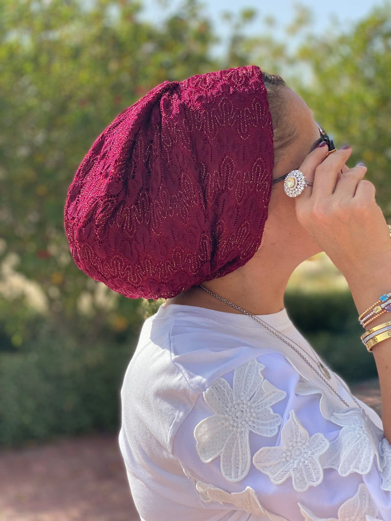 TurbansStuff Beanie Beanie Knit - Burgundy Gold (Designer Mask Included) Handmade Luxury Fashion Women Headwrap