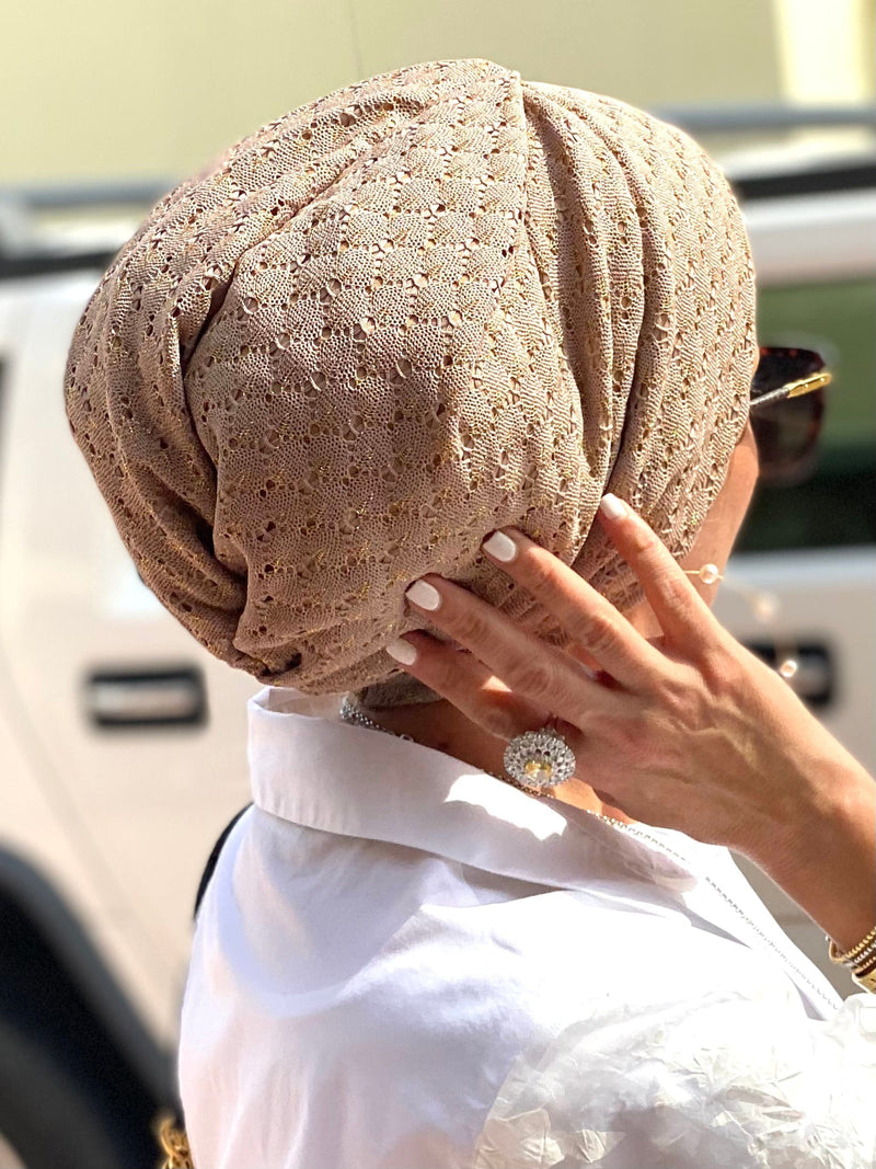TurbansStuff Beanie Beanie Knit - Nude Gold (Designer Mask Included) Handmade Luxury Fashion Women Headwrap