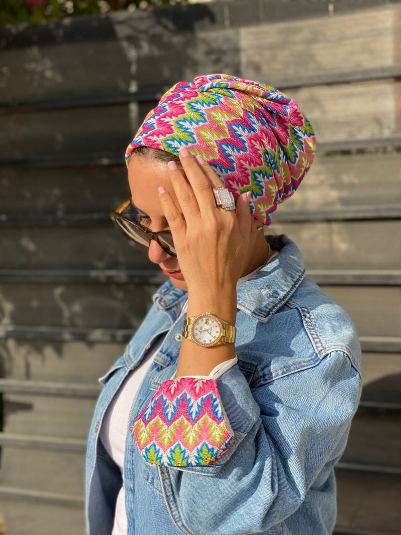 TurbansStuff Beanie Beanie - Knit Pink Blue (Designer Mask Included) Handmade Luxury Fashion Women Headwrap
