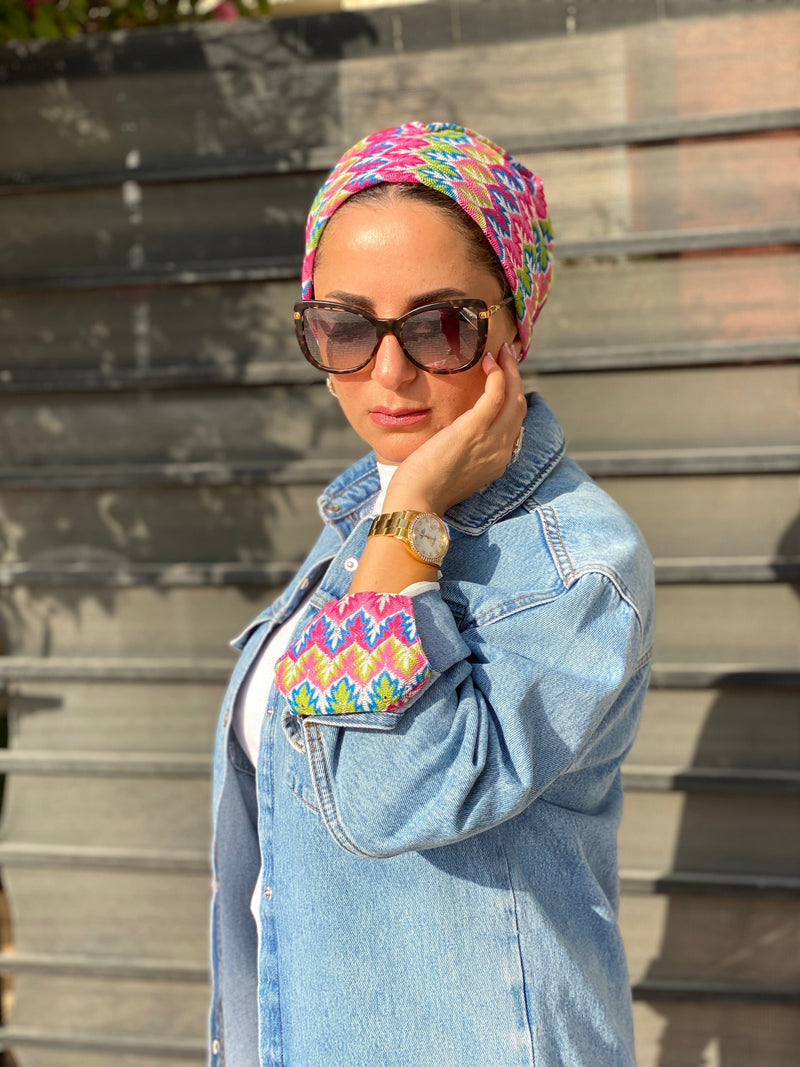 TurbansStuff Beanie Beanie - Knit Pink Blue (Designer Mask Included) Handmade Luxury Fashion Women Headwrap