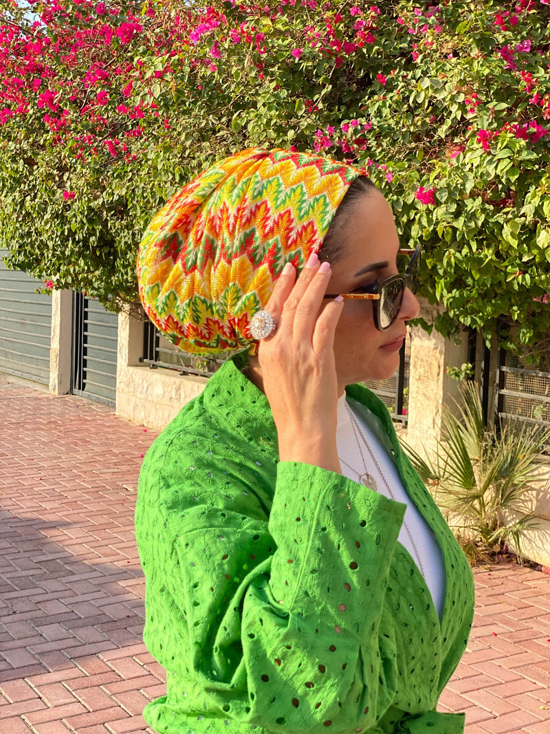 TurbansStuff Beanie Beanie - Knit Yellow Green (Designer Mask Included) Handmade Luxury Fashion Women Headwrap