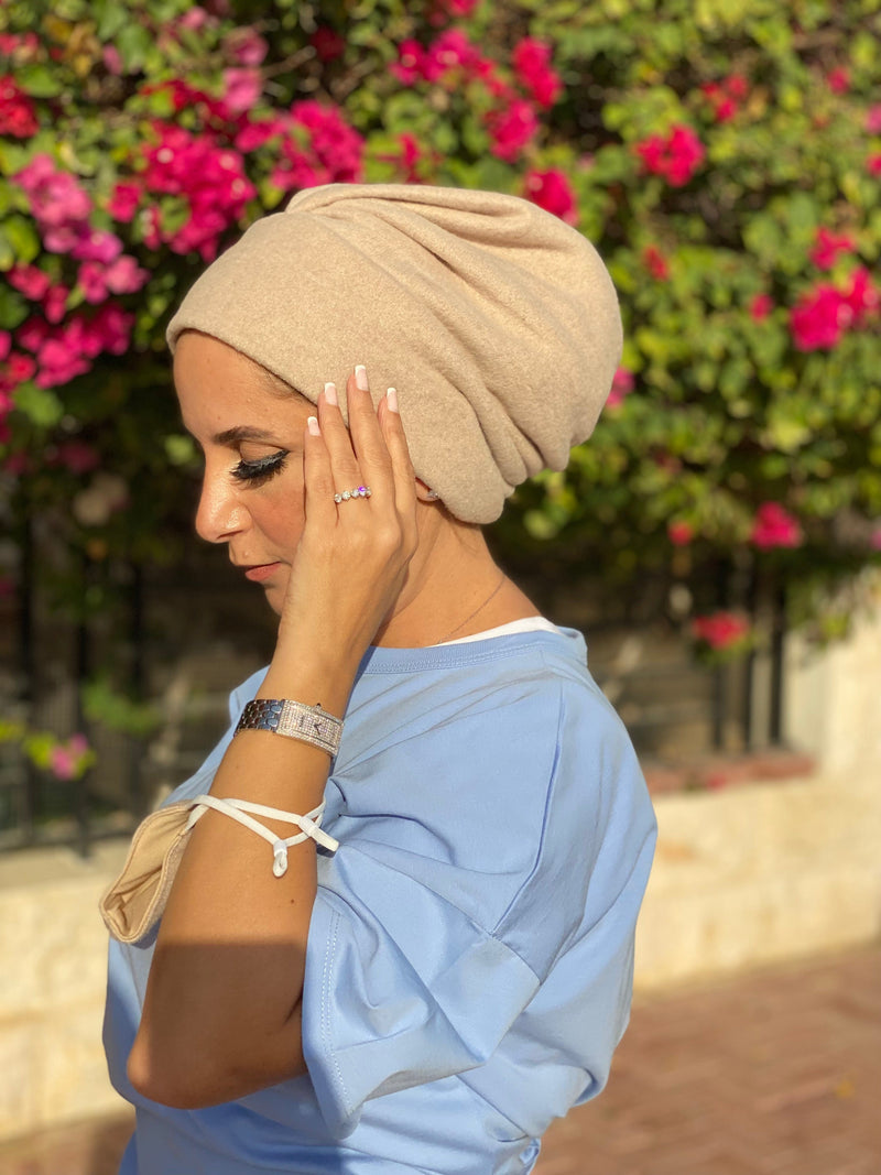 TurbansStuff Beanie Beanie Mohair - Camel (Designer Mask Included) Handmade Luxury Fashion Women Headwrap