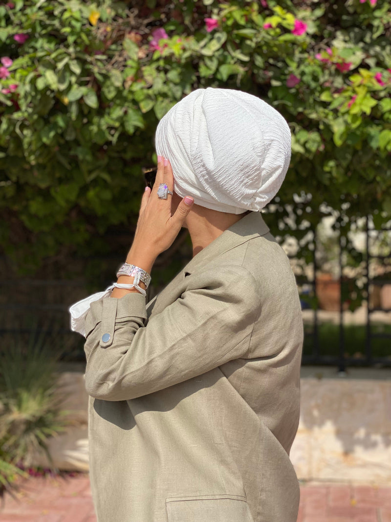 TurbansStuff Beanie Beanie - New Off White Rippled (Designer Mask Included) Handmade Luxury Fashion Women Headwrap