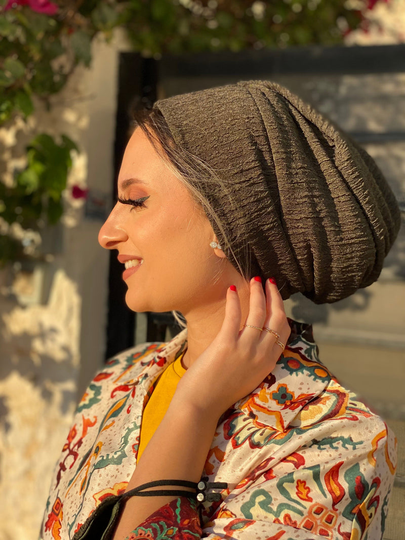 TurbansStuff Beanie Beanie - Olive Rippled (Designer Mask Included) Handmade Luxury Fashion Women Headwrap