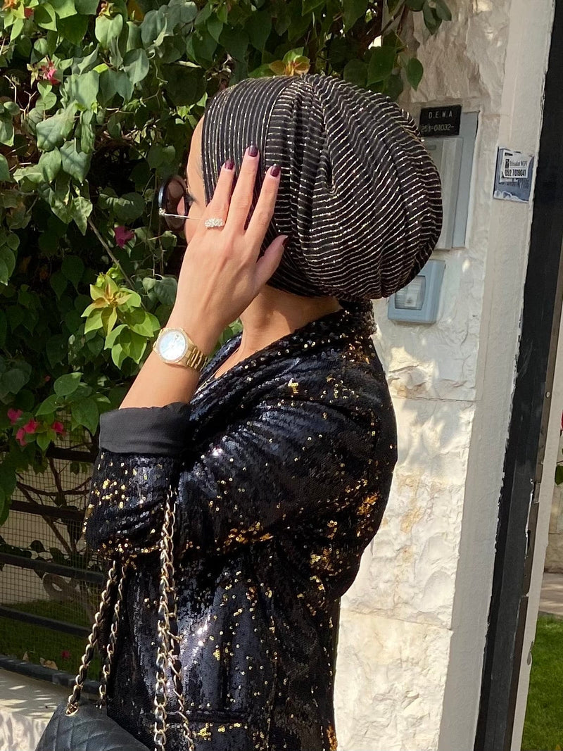 TurbansStuff Beanie Beanie -  Party Black Gold Handmade Luxury Fashion Women Headwrap