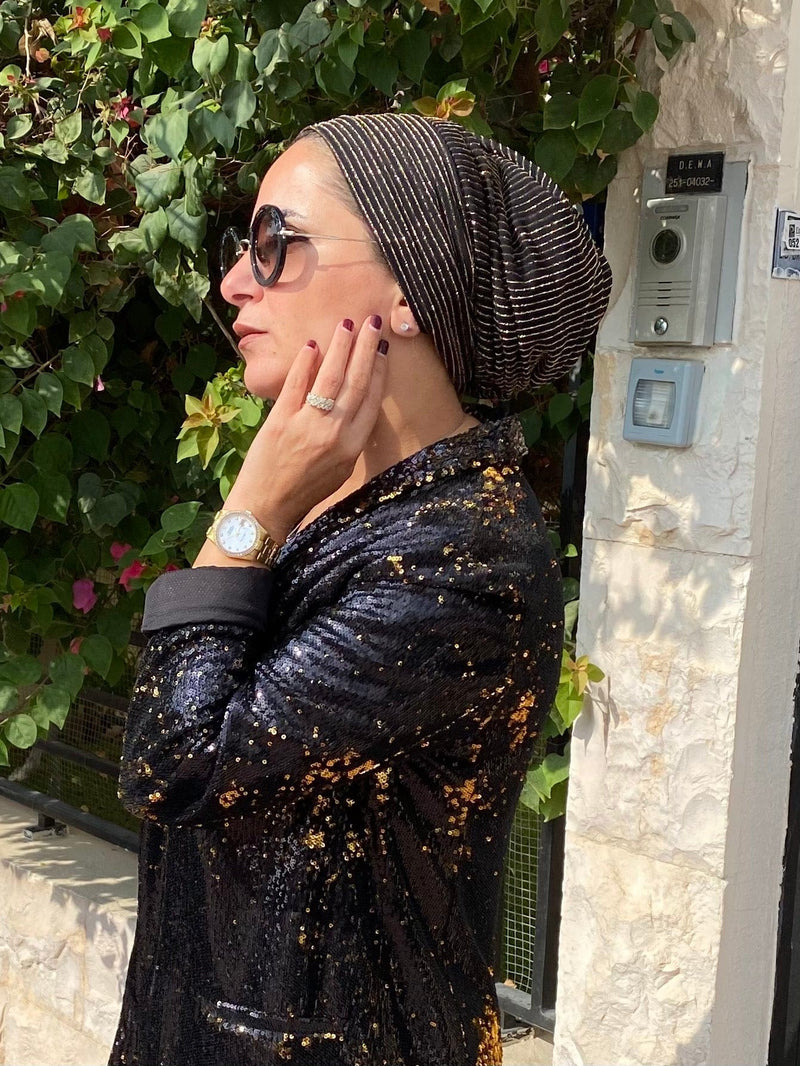 TurbansStuff Beanie Beanie -  Party Black Gold Handmade Luxury Fashion Women Headwrap