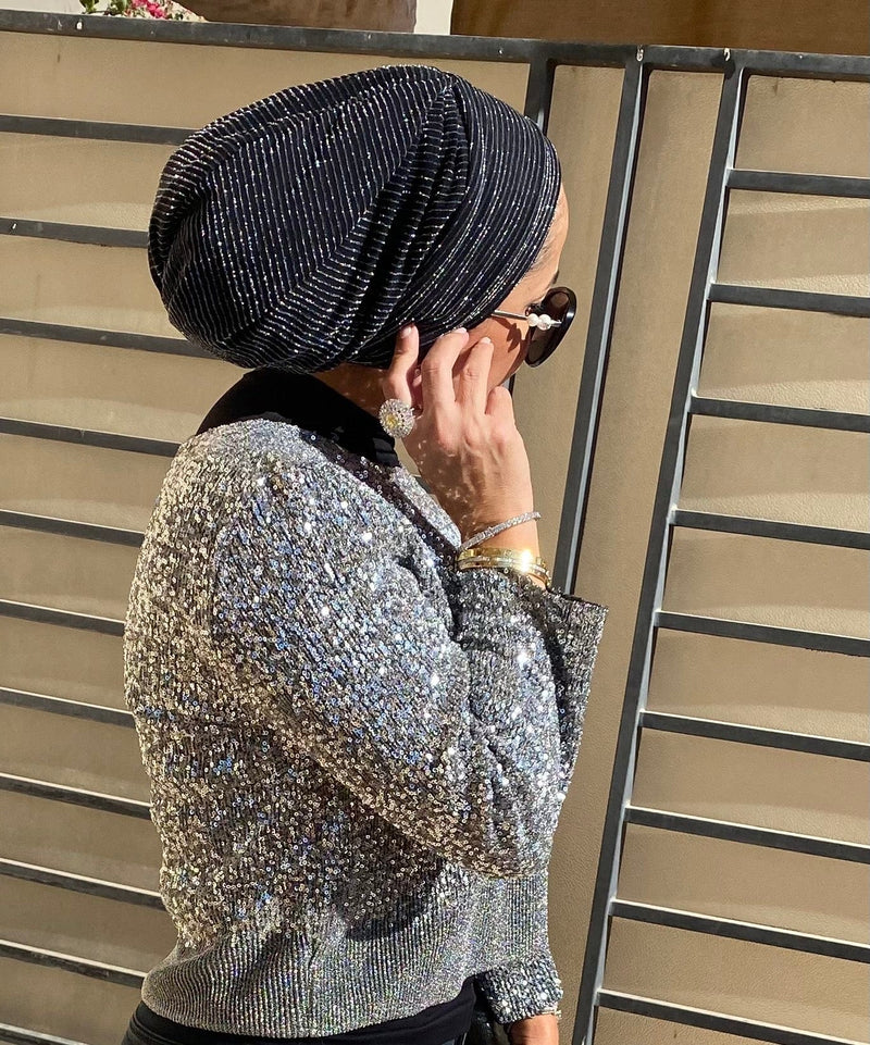 TurbansStuff Beanie Beanie Party - Black Silver Handmade Luxury Fashion Women Headwrap