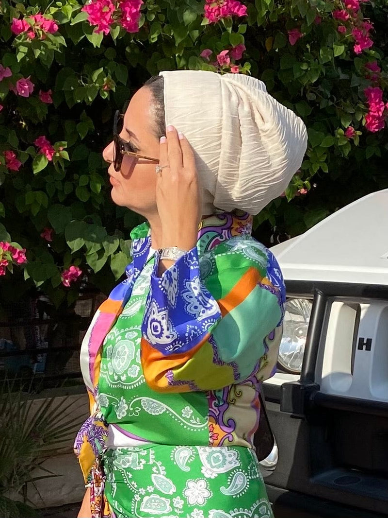 TurbansStuff Beanie Beanie Pleated Chiffon - Beige striped Handmade Luxury Fashion Women Headwrap