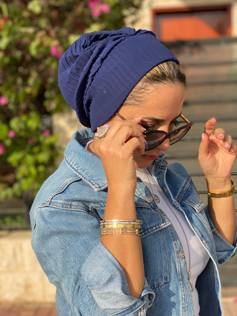 TurbansStuff Beanie Beanie Pleated Chiffon - Navy Handmade Luxury Fashion Women Headwrap