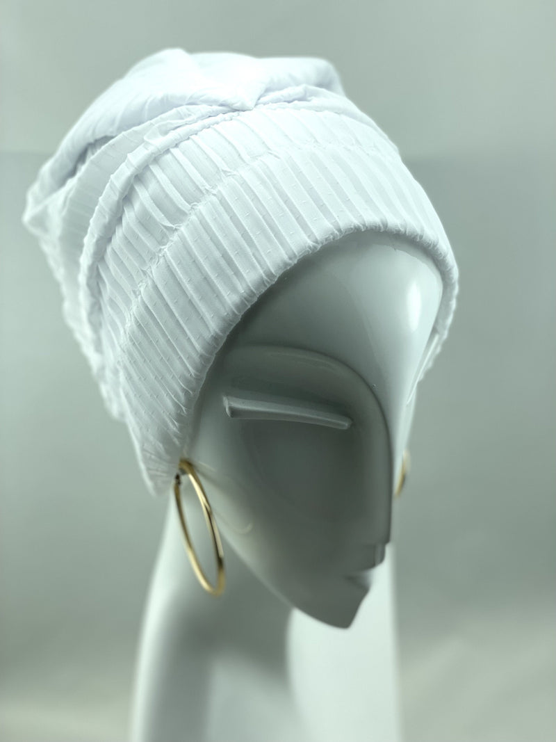 TurbansStuff Beanie Beanie Pleated Chiffon - White Handmade Luxury Fashion Women Headwrap