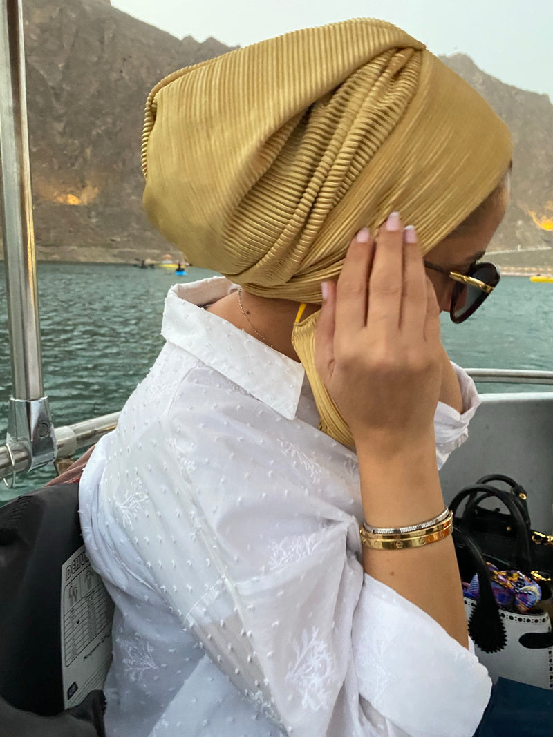 TurbansStuff Beanie Beanie pleated - Cumin Yellow Handmade Luxury Fashion Women Headwrap