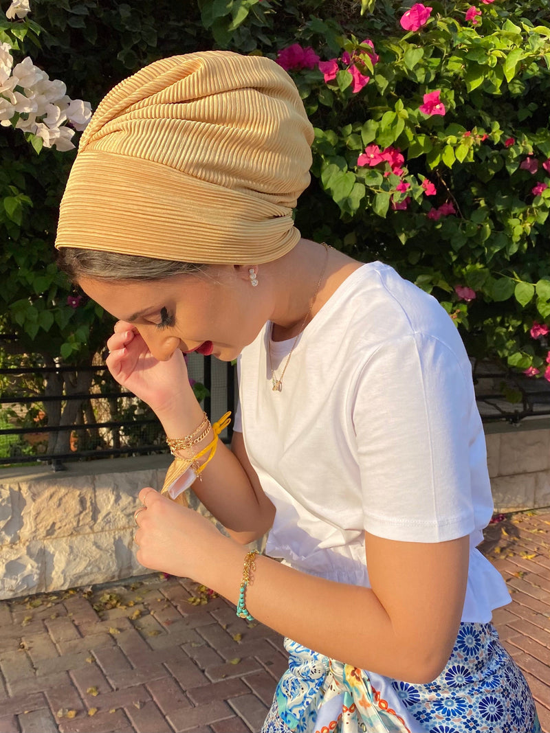 TurbansStuff Beanie Beanie pleated - Cumin Yellow Handmade Luxury Fashion Women Headwrap