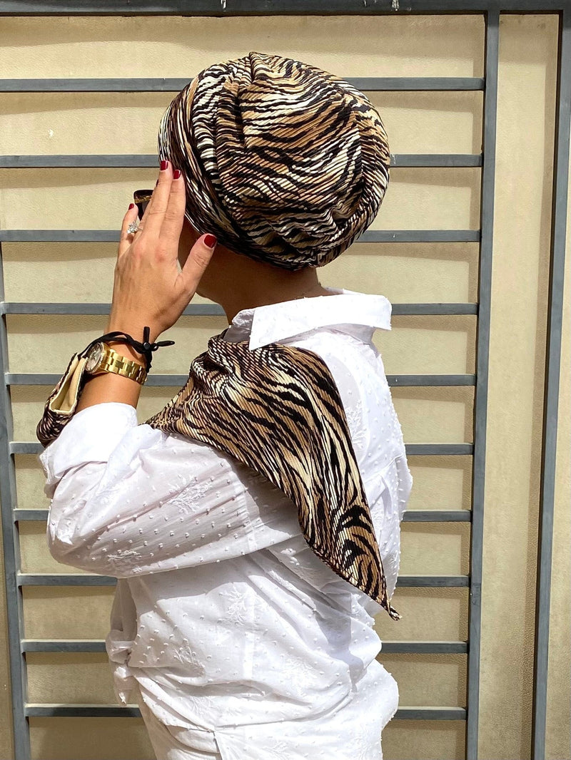 TurbansStuff Beanie Beanie pleated - Tiger ( Last piece ) Handmade Luxury Fashion Women Headwrap