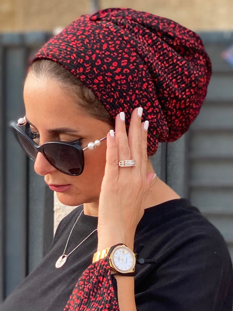 TurbansStuff Beanie Beanie - Red Black Floral Handmade Luxury Fashion Women Headwrap